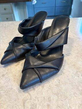 Marc Fisher Black Pointed-Toe Cross-Strap Mules